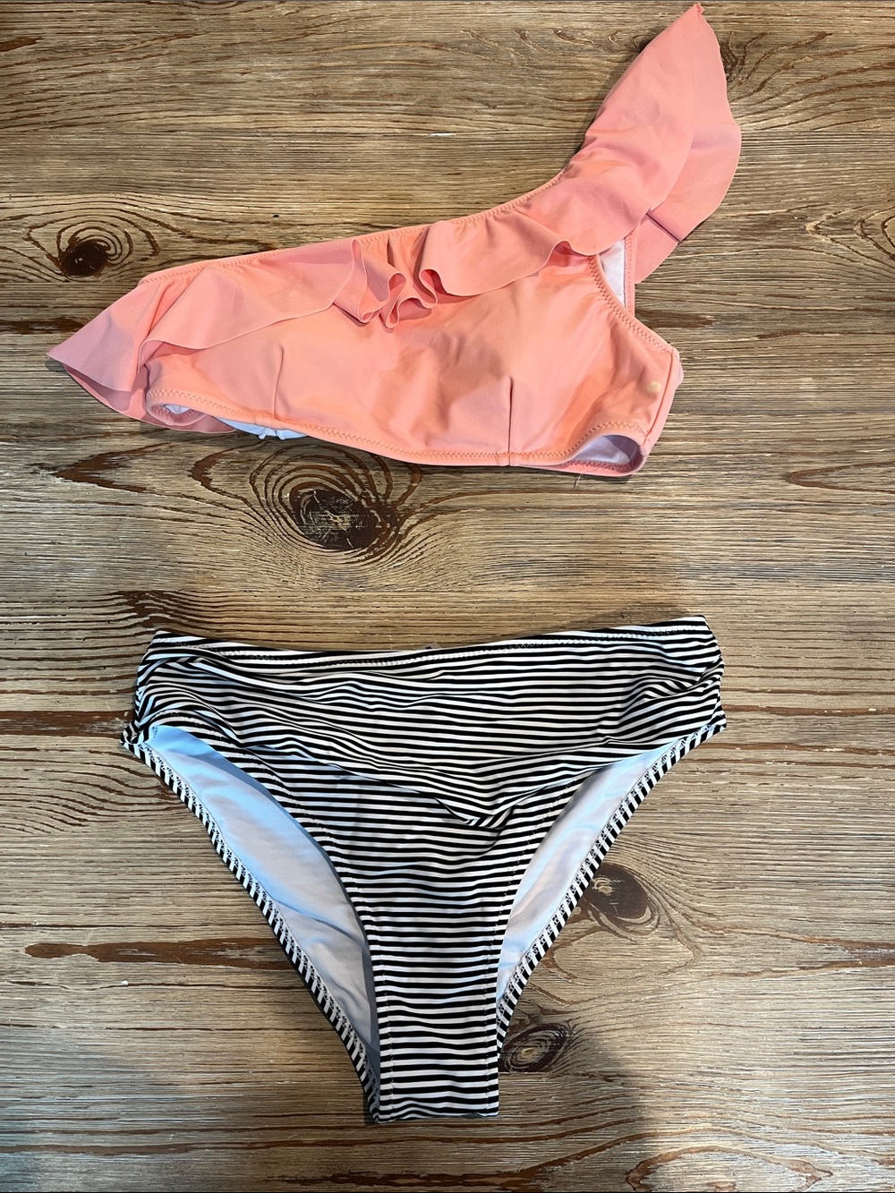 Cupshe Pink Ruffle One-Shoulder Bikini Top with Black & White Striped Bottom